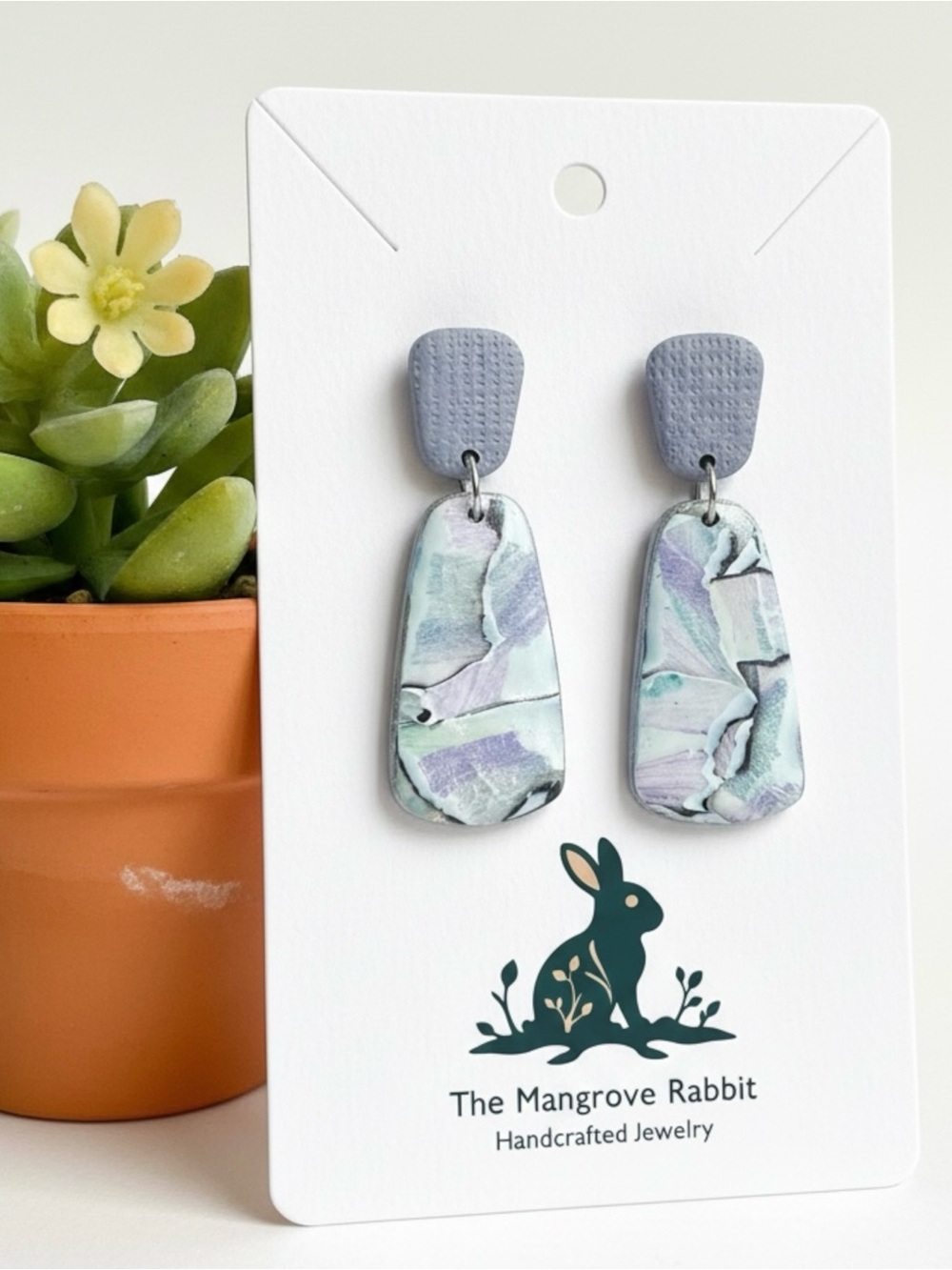 Handmade Pastel Blue Green Purple Watercolor Look Polymer Clay Dangle Earrings